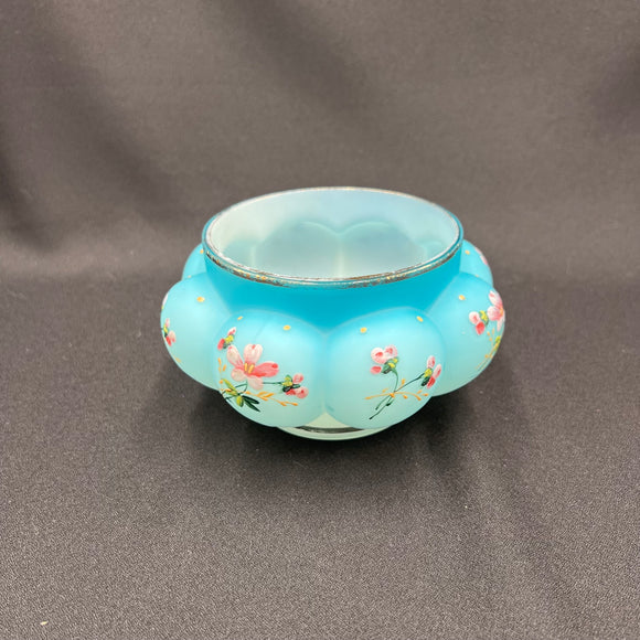 Blue Satin Overlay Melon Squat Bowl With Hand Painted Floral Design