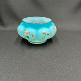 Blue Satin Overlay Melon Squat Bowl With Hand Painted Floral Design