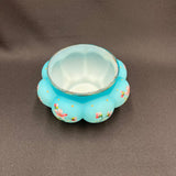 Blue Satin Overlay Melon Squat Bowl With Hand Painted Floral Design