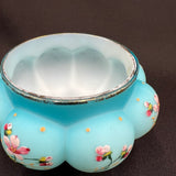 Blue Satin Overlay Melon Squat Bowl With Hand Painted Floral Design