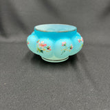 Blue Satin Overlay Melon Squat Bowl With Hand Painted Floral Design