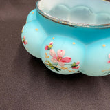 Blue Satin Overlay Melon Squat Bowl With Hand Painted Floral Design