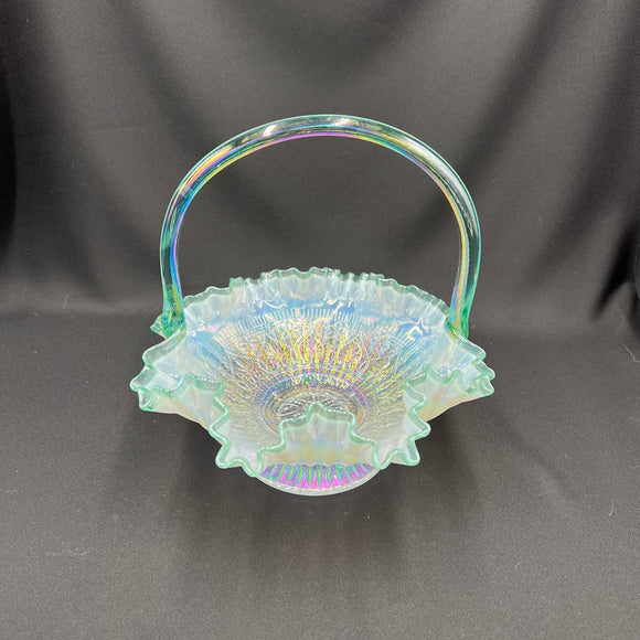 Fenton French Opal Iridized Daisy and Heart Basket with Green Crest and Handle