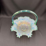 Fenton French Opal Iridized Daisy and Heart Basket with Green Crest and Handle