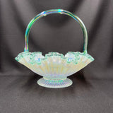 Fenton French Opal Iridized Daisy and Heart Basket with Green Crest and Handle