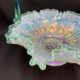 Fenton French Opal Iridized Daisy and Heart Basket with Green Crest and Handle