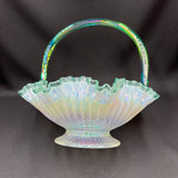 Fenton French Opal Iridized Daisy and Heart Basket with Green Crest and Handle