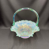 Fenton French Opal Iridized Daisy and Heart Basket with Green Crest and Handle