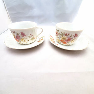 White Porcelain Tea Cups and Saucers with Floral Design; Floral Teacup; Porcelain Teacup