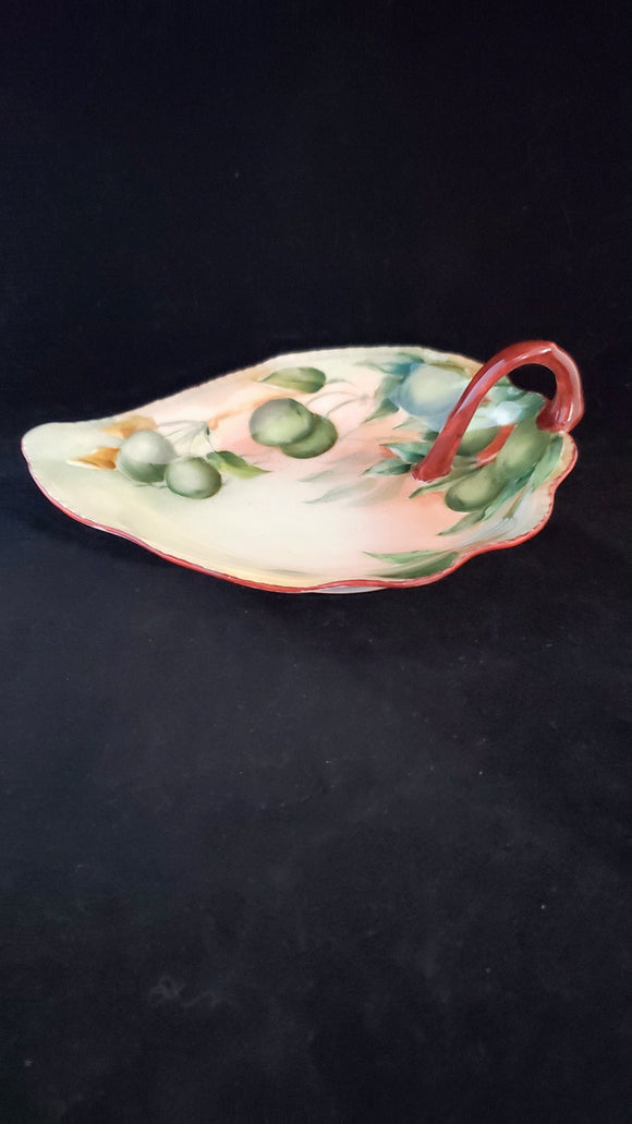 Leaf Shaped Hand Painted Dish;  Limoges France; Handled Leaf Dish