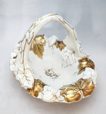 Hand Painted Porcelain Basket with Gilded Leaves by Von Schierholz; Vintage Porcelain Basket; Floral Basket