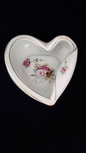 Rolled Edge Dish; Porcelain Heart Shaped Vintage Dish; Hand Painted Heart Dish