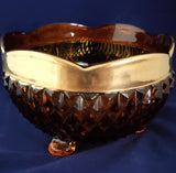 Indiana Glass Footed Dish; Amber Diamond Point Footed Snack or Candy Dish; Gold Rim Dish