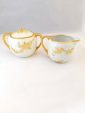 Antique Hand Painted Creamer and Lidded Sugar Bowl, German Porcelain; Gold Gilded Creamer;