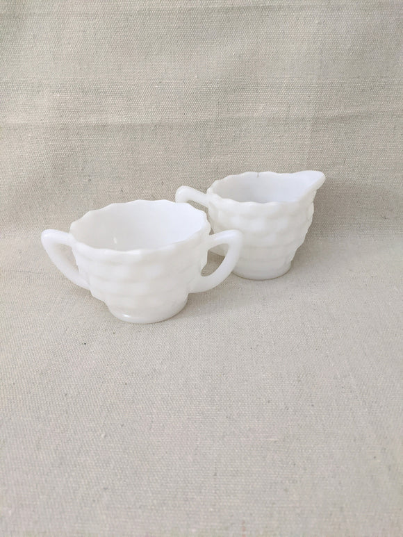 Jeanette Milk Glass Creamer and Open Sugar; Jeanette Cubist Pattern