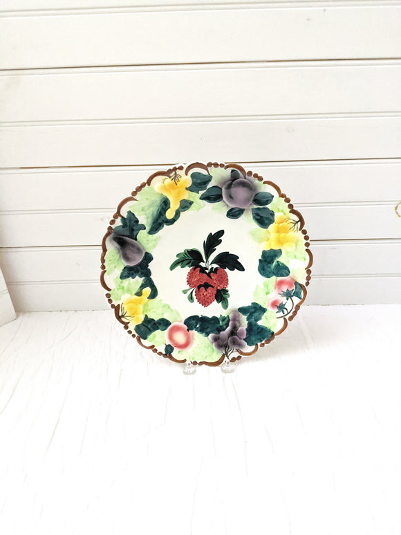 Vintage Hand Painted Embossed Round Fruit Platter, Made in Italy, Majolica