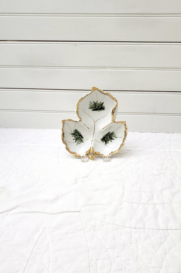 Vintage Napco Leaf Shaped Candy or Nut Dish, Hand Painted Floral Design