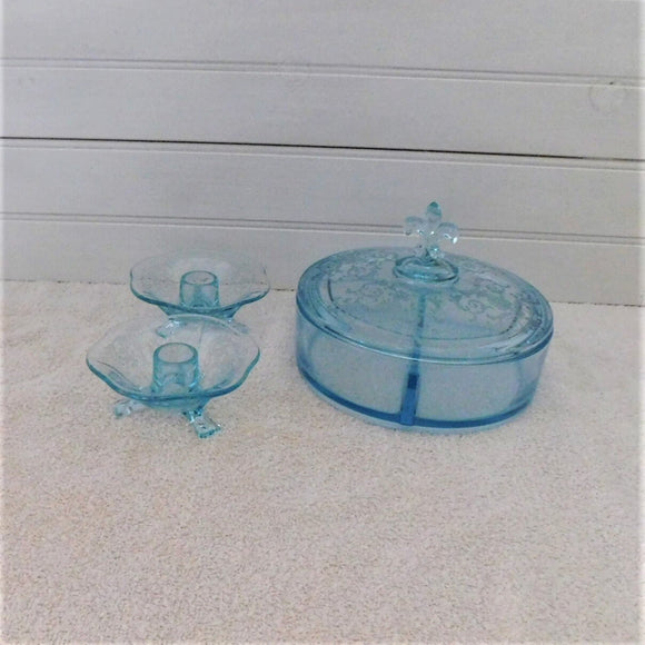 Three Piece Fostoria Versailles Etched Blue Console Set