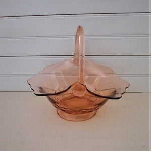 Vintage Tiara Glass Duchess, or Fleur de Lis, Pink Depression Glass Basket with Handle