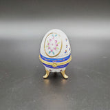 Egg Shaped Porcelain Hinged Trinket Box/ White Blue; Ceramic Trinket Box; Pill box