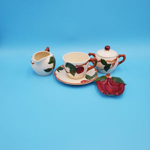 Franciscan Apple Tea Cups, Saucers, Spoon Rest/Tea Bag Holder, and one each Creamer and Lidded Sugar Bowl; Set of 6