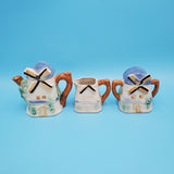 Hand Painted Teapot, Creamer and Sugar Dishes, Windmill Design; Made in Japan; Porcelain Tea Set