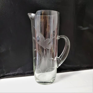 Vintage Etched Crystal Pitcher with Duck and Cattails, excellent condition; Etched Pitcher; Etched Glass Pitcher