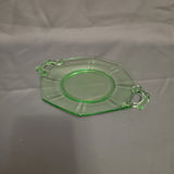 Imperial Glass Molly Handled Cake Plate; Green Depression Glass Handled Plate; Uranium Glass Plate