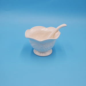 White Ceramic Custard Dish with Spoon; Small White Bowl and Spoon; Grapes and Leaves Pattern