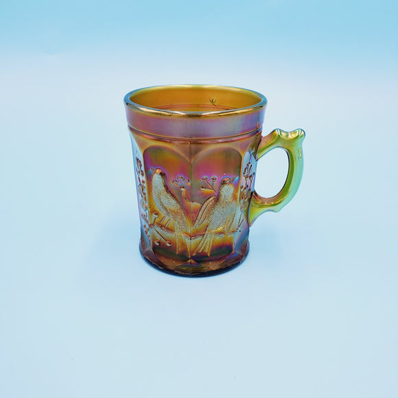 Northwood Singing Birds Green Iridized Carnival Glass Mug