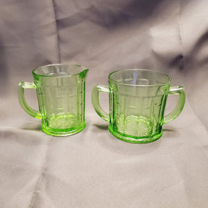 Hazel Atlas Colonial Block Uranium Glass Creamer and Sugar