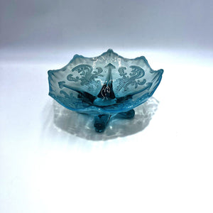 Northwood Blue Opalescent Inverted Fan and Feather Footed Dish