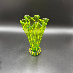 Mid-Century Eastern Art Green Striped Vase, Hand Blown Glass Vase, Ruffled Glass Vase