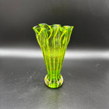 Mid-Century Eastern Art Green Striped Vase, Hand Blown Glass Vase, Ruffled Glass Vase