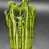 Mid-Century Eastern Art Green Striped Vase, Hand Blown Glass Vase, Ruffled Glass Vase