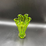 Mid-Century Eastern Art Green Striped Vase, Hand Blown Glass Vase, Ruffled Glass Vase