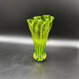 Mid-Century Eastern Art Green Striped Vase, Hand Blown Glass Vase, Ruffled Glass Vase