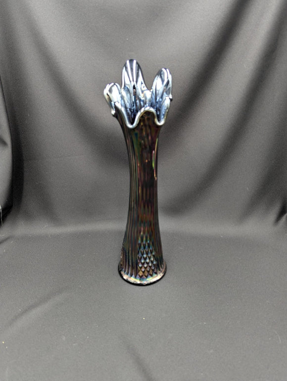 Fenton Diamond Point Ribbed Blue Carnival Glass Vase